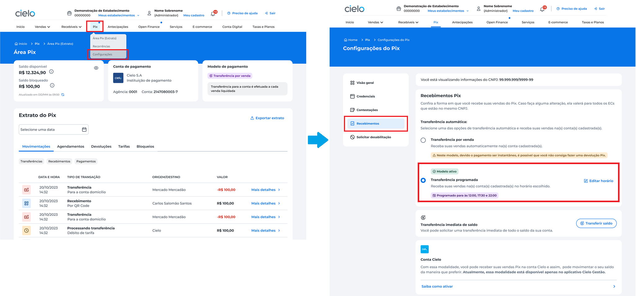 fluxo de transferência programada no site